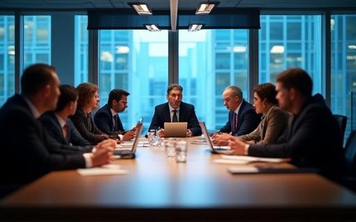 A corporate boardroom meeting with a strategic discussion in progress